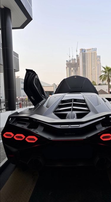 The rear view of a dark gray Lamborghini sports car with scissor doors open, parked on a rooftop overlooking a city skyline.