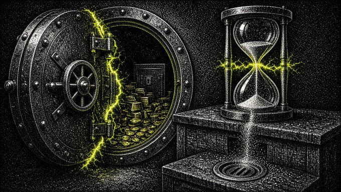 A stylized illustration depicting a vault overflowing with gold coins next to an hourglass, with glowing green energy crackling between them on a dark, textured background.