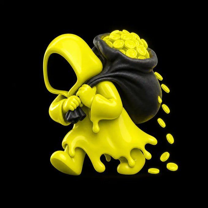 A 3D-rendered yellow figure resembling a hooded character carrying a black sack overflowing with glowing gold coins on its back.