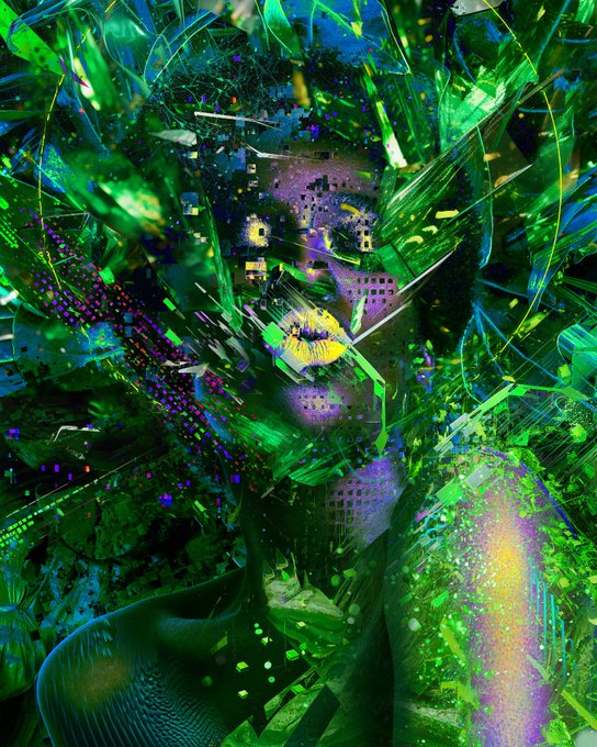 A surreal, fragmented digital portrait of a figure with golden eyes and purple-toned skin, surrounded by an explosive burst of green crystalline shards, pixelated grids, and digital glitch effects.