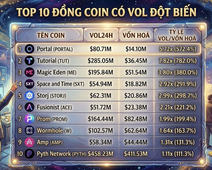 A Vietnamese-language graphic titled 'TOP 10 ĐỒNG COIN CÓ VOL ĐỘT BIẾN' lists coins with sudden volume spikes, led by Portal ($80.71M volume), Tutorial (TUT), Magic Eden (ME), Space and Time (SXT), Storj, Fusionist, Prom, Wormhole, Amp, and Pyth Network.