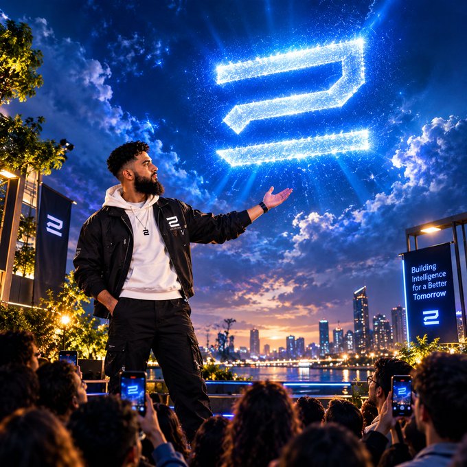 An AI-generated image of a bearded man on stage gesturing toward a glowing "21" logo in the sky, with a banner reading "Building Intelligence for a Better Tomorrow" and an audience holding up phones.