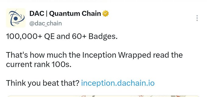A screenshot of a tweet from the verified account @dac_chain (DAC | Quantum Chain) reading: "100,000+ QE and 60+ Badges. That's how much the Inception Wrapped read the current rank 100s. Think you beat that? inception.dachain.io." The image supports the post by providing direct visual evidence of the suggested DAC airdrop criteria, with the 100,000+ QE threshold being highlighted as the likely minimum requirement that many users fall short of.