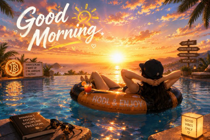A woman relaxes in a pool float reading "HODL & ENJOY" at sunrise, with "Good Morning" text and crypto-themed signs like "HODL ONLY," "CHART FREE ZONE," and "GOOD VIBES ONLY" — perfectly capturing the post's chill, charts-later coffee-first Sunday energy.