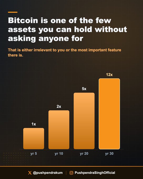 An orange-themed bar chart titled "Bitcoin is one of the few assets you can hold without asking anyone for" shows projected growth multipliers of 1x (yr 5), 2x (yr 10), 5x (yr 20), and 12x (yr 30). Credited to @pushpendrakum and PushpendraSinghOfficial, the graphic visually reinforces the post's message about Bitcoin's permissionless nature, with the escalating bars emphasizing long-term potential regardless of geographic or political constraints.