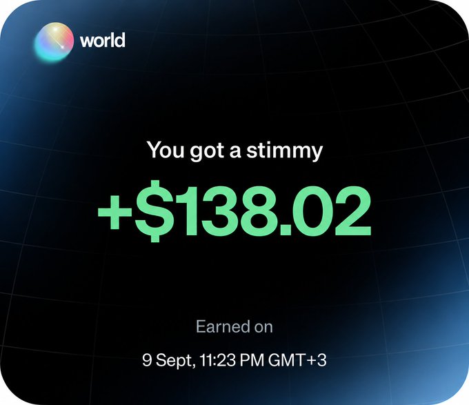 A notification screen showing "You got a stimmy +$138.02 Earned on 9 Sept, 11:23 PM GMT+3" with a "world" logo.