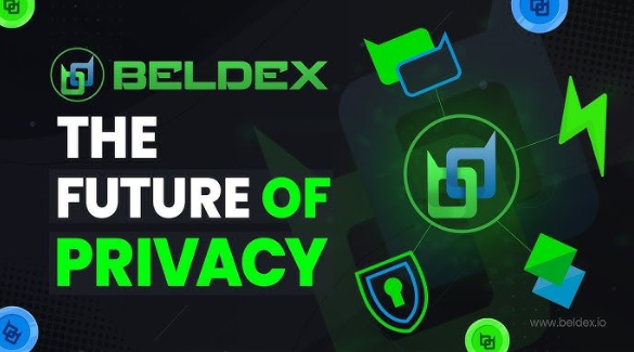 A promotional graphic for Beldex cryptocurrency featuring the text 'BELDEX THE FUTURE OF PRIVACY' alongside icons representing messaging, security, and lightning/fast transactions.