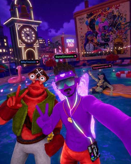Three avatar friends pose together in a vibrant virtual pool party at "Genesis Plaza," with usernames BillyTeacoin, GeneSimmons, and EmpressTrash floating above them, capturing the lively social atmosphere highlighted by the post "the place to be with friends."