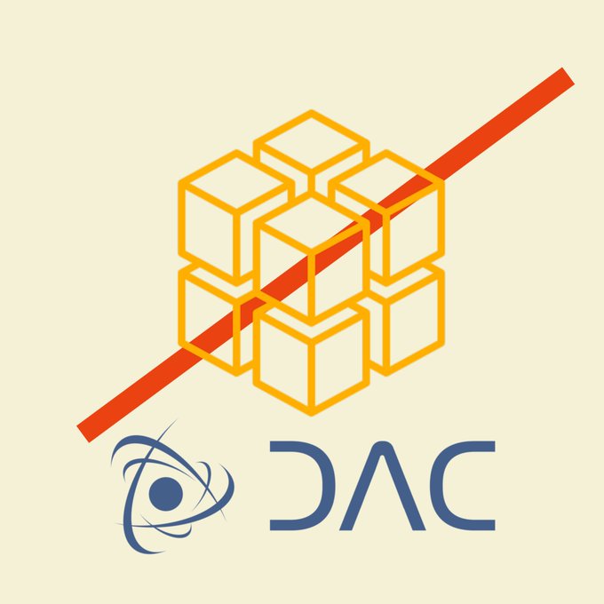 A logo featuring orange outlined cubes arranged in a 2x2 grid with a red diagonal line through them, alongside a blue atom-like symbol and the text 'DAC'.