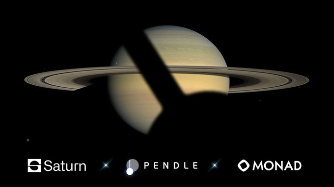 A striking image of Saturn against the blackness of space, overlaid with logos for Saturn, PENDLE, and MONAD.