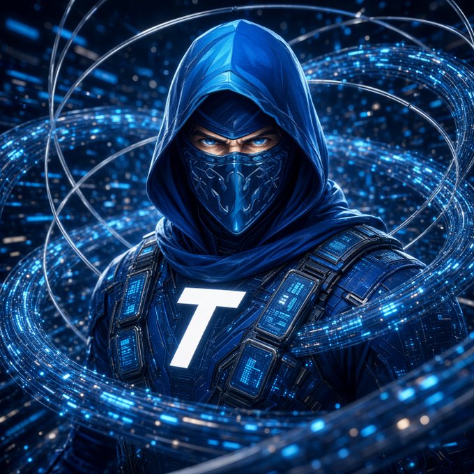 A hooded, masked figure in futuristic blue tech-gear glows amid swirling digital rings, with a prominent white "T" on the chest—evoking Tempo as a stealthy, high-tech chain enforcing sub-second, stablecoin-denominated settlement for card programs and idle balances.