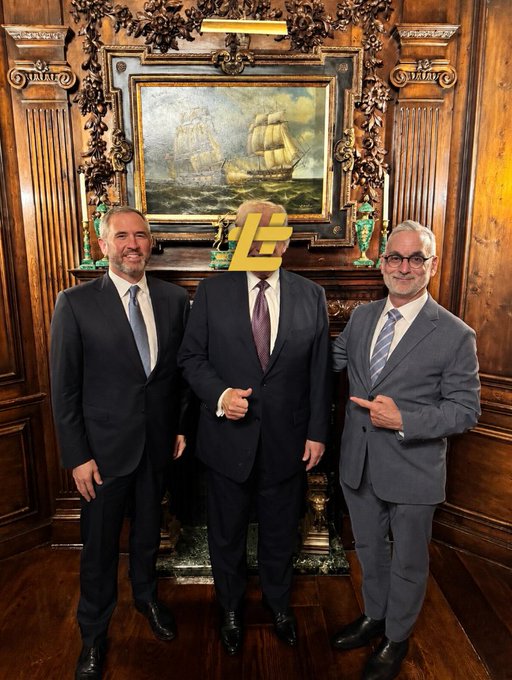 Three men in business suits pose for a photo in front of an ornate painting of ships, with a gold Ripple (XRP) logo watermark superimposed over the central figure's face. The caption, combined with the image, implies a staged gag suggesting Ripple CEO Brad Garlinghouse (represented by the XRP logo) has silenced the men, preventing them from commenting on something related to Ripple or XRP.