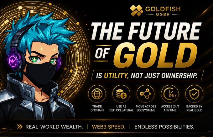 A promotional banner for 'GOLDFISH GGBR' featuring a blue-haired anime-style masked character, with the slogan 'THE FUTURE OF GOLD IS UTILITY, NOT JUST OWNERSHIP' and features including trade onchain, DeFi collateral, 24/7 access, backed by real gold.