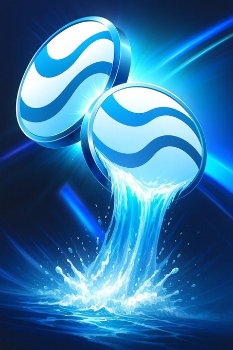 Two glossy blue water discs with wavy logos pour streams of liquid into a glowing pool, symbolizing the continuous flow of digital assets like BTC and ETH from idle wallets into active use, emphasizing that simply holding crypto without engaging it allows value to drain away over time.