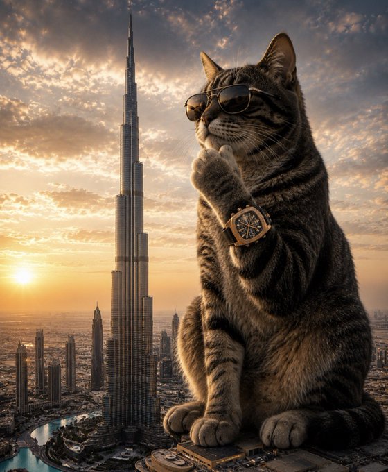 A surreal digital art image of a giant tabby cat wearing sunglasses and a luxury watch, posed thoughtfully next to the Burj Khalifa tower at sunset in Dubai.