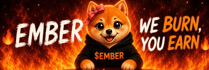 The image features a cartoon dog wearing a black hoodie with the word " Ember" written across its chest, sitting next to a fire that appears to be burning out of control. The text "Ember we burn you, you earn" is also present in the image. This combination of elements creates an interesting and visually appealing contrast between the playful cartoon dog and the destructive fire.