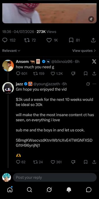 A Twitter/X screenshot showing a post by Ansem (@blknoiz06) asking 'how much you need g' and a reply from jazz (@youngjazzeth) requesting '$30k' to 'make the most insane content' with a Solana wallet address.