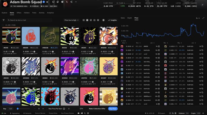 A screenshot of a crypto NFT marketplace showing the 'Adam Bomb Squad' collection, featuring a grid of bomb-themed character NFTs with floor prices in ETH and a floor price chart.