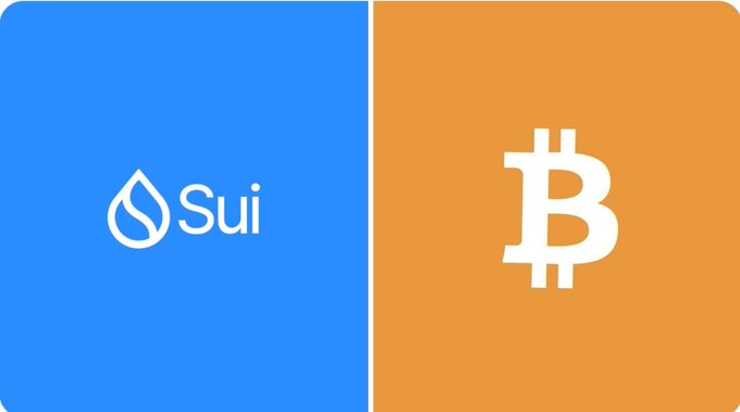The image features a square graphic design with two distinct colors, blue and orange. On the left side of the image, there's a blue rectangle containing white text that reads "Sui", while on the right side, an orange rectangle has a white Bitcoin symbol inside. The text "JUST IN: Sui'S Hashi Bitcoin primitive sets global testnet launch for July" is also present in the image. This design seems to be related to the post about Bitcoin and its release date.
