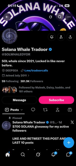 A Twitter/X profile page for "Solana Whale Tradoor" (@SOLWHALEDYOR), displaying 381.9K followers and a pinned post announcing a $700 SOLANA giveaway for active followers.