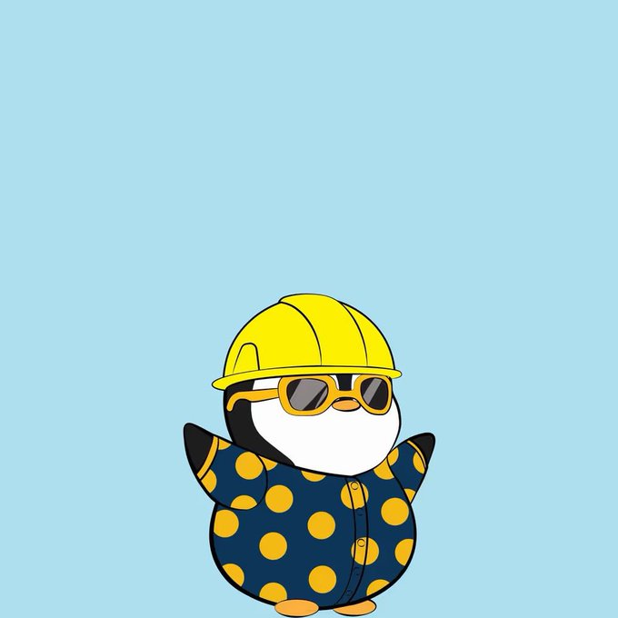 A cartoon illustration of a small penguin wearing a yellow hard hat, sunglasses, and a blue polka-dot shirt against a light blue background.