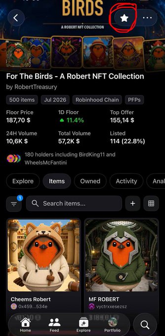 A mobile screenshot of an NFT collection called 'For The Birds' by RobertTreasury, showing 500 items, a floor price of 187.70, and featuring bird characters in various outfits like 'Cheems Robert' and 'MF ROBERT'.