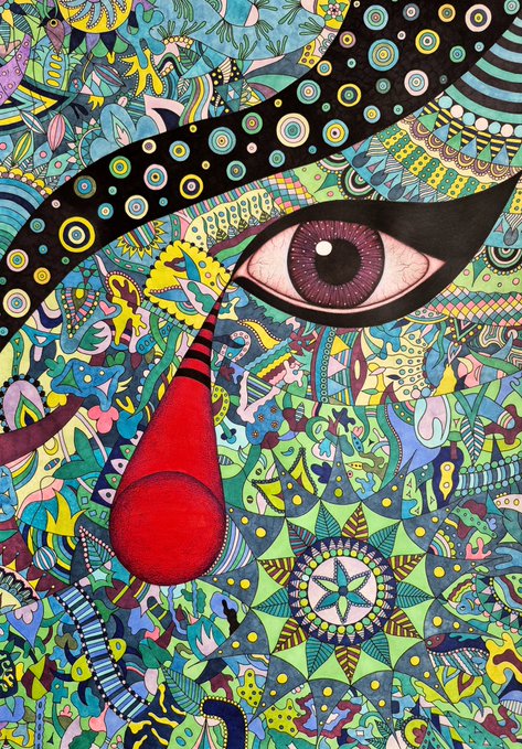 A colorful, surreal portrait featuring a striking eye, red tear-like shape, and a rainbow star motif, composed entirely of intricate patterns and doodles. The vibrant artwork, titled "The Ones Who Suffer!", is being showcased on Times Square billboards during NFT NYC 2026.
