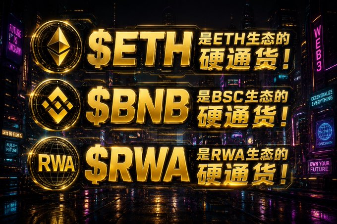 The image displays three glowing gold cryptocurrency tokens against a futuristic neon cityscape, highlighting "$ETH as the hard currency of the ETH ecosystem," "$BNB as the hard currency of the BSC ecosystem," and "$RWA as the hard currency of the RWA ecosystem," with accompanying logos for Ethereum, Binance, and RWA. The visual positions RWA alongside established crypto giants to emphasize its legitimacy as a foundational asset, reinforcing the post's claim about RWA's buy/sell tax mechanism designed to reward Nvidia holders and sustain its ecosystem.