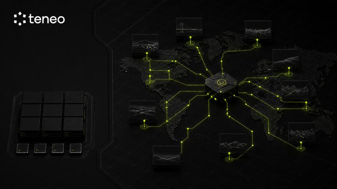 The image features the "teneo" logo alongside a 3D-rendered processor chip and a global map connected by glowing green circuits to various landscape thumbnails, symbolizing a worldwide web of intelligence. This visually reinforces the post's message that while local inference has become cheap and ubiquitous, accessing real-time, reliable web data from across the globe remains a costly and complex challenge.