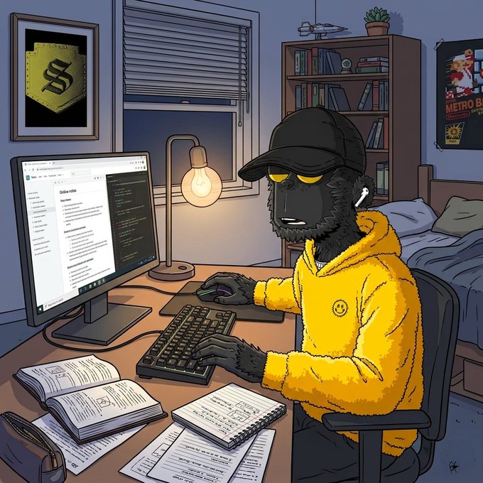 A digital illustration of a black gorilla-like character wearing a black cap, sunglasses, earbuds, and a yellow hoodie, working on code at a computer desk in a bedroom decorated with a Sublime Text logo and Metro poster.