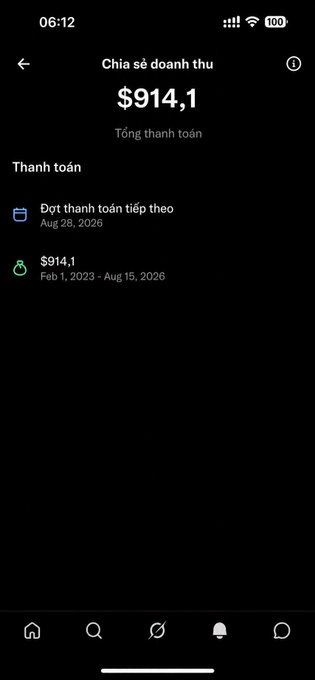 A mobile app screen showing earnings sharing ('Chia sẻ doanh thu') with a total payout of $914.1, displaying payment details dated from Feb 1, 2023 to Aug 15, 2026.