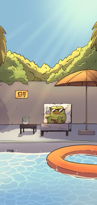 A cheerful green frog relaxes on a lounge chair beside a sparkling pool with an orange life ring and umbrella, while sipping a drink under sunny skies. The peaceful poolside scene perfectly matches the relaxed Friday morning vibes.