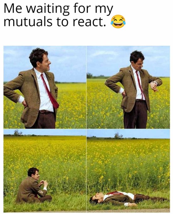 A four-panel meme captioned 'Me waiting for my mutuals to react. 😂' showing Mr. Bean progressively going from checking his watch, to sitting dejectedly, to lying flat on his back in a field of yellow flowers.