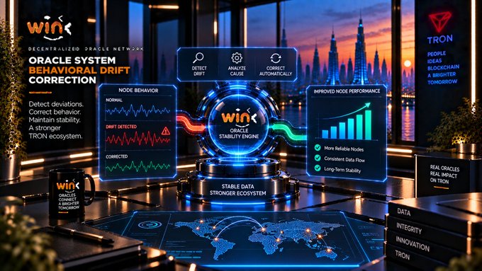 A promotional graphic for 'TRON Win' displays an 'Oracle System Behavioral Drift Correction' interface with charts and data points.