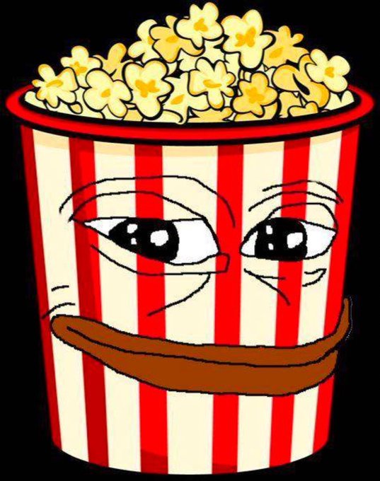 An illustrated popcorn bucket with red and white stripes features a smiling face and is overflowing with popcorn.