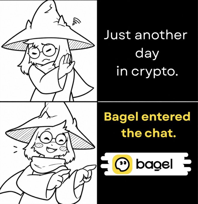 A two-panel black and white comic featuring a witch character, with text reading 'Just another day in crypto' and 'Bagel entered the chat' alongside the Bagel logo.