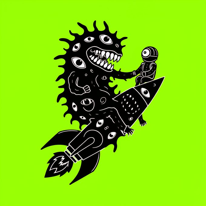 A black-and-white illustration on a bright lime-green background depicts a monstrous creature covered in eyes riding a rocket ship with a small astronaut holding its hand.