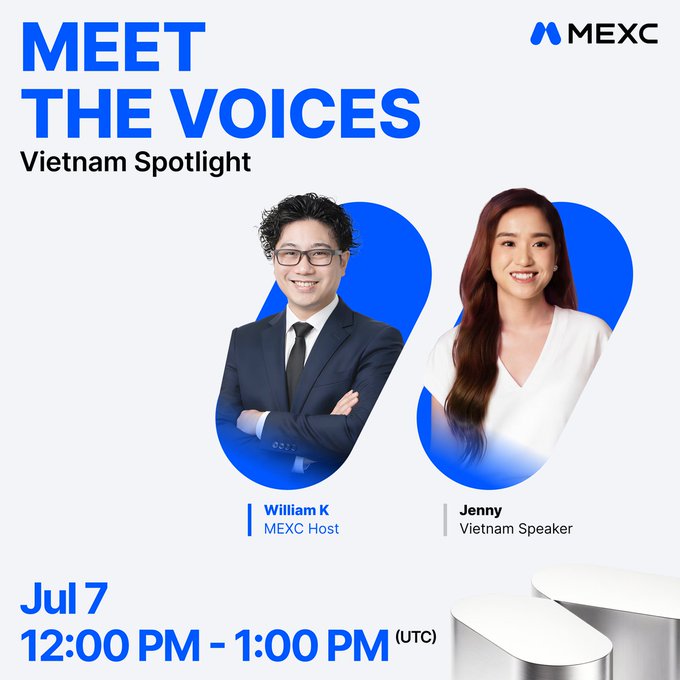 This promotional graphic announces a "Vietnam Spotlight" AMA hosted by MEXC, featuring host William K and guest speaker Jenny. The event is scheduled for July 7, from 12:00 PM to 1:00 PM UTC.