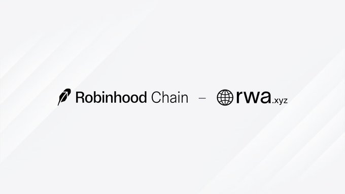 The image displays the logos of "Robinhood Chain" and "rwa.xyz" separated by a dash on a white background, signifying a partnership announcement. This visual reinforces the post's message about rwa.xyz collaborating with RobinhoodCrypto to provide tokenized asset data verification for the newly launched Robinhood Chain.