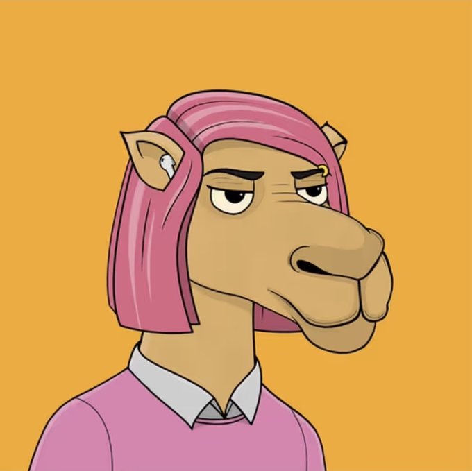 An animated cartoon portrait of a brown camel with pink hair and a pink shirt, looking unimpressed against a solid yellow background.