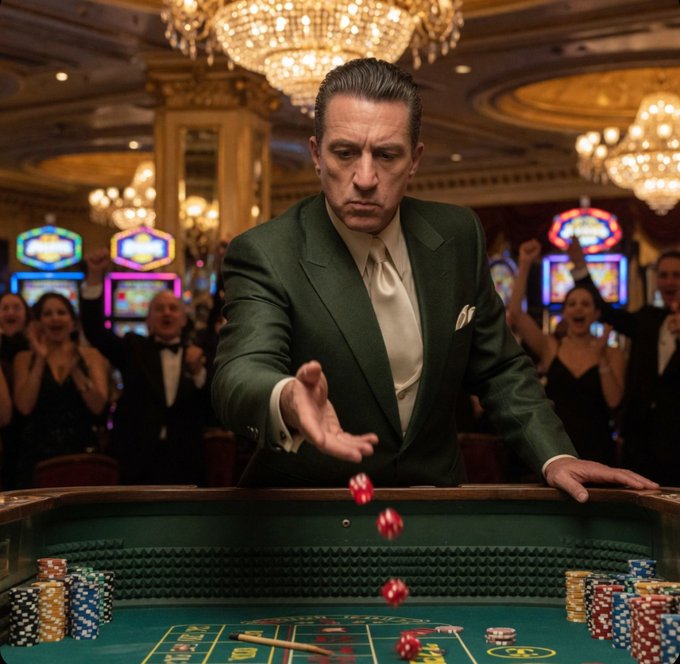 A dramatic scene in an ornate casino features a stern-looking man in a dark green suit and tie at a craps table, tossing red dice with chips stacked nearby and an excited crowd cheering in the background under chandeliers.