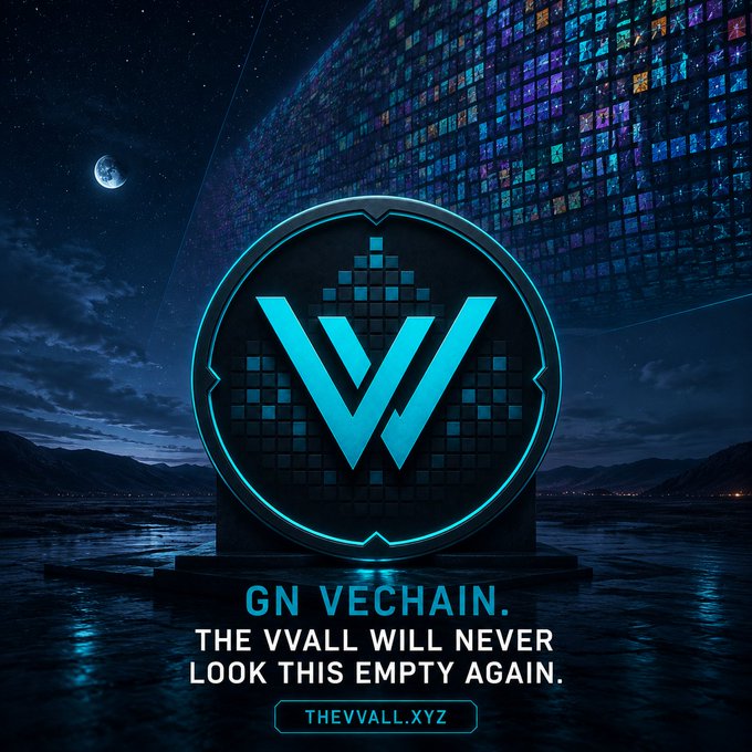 A neon cyan Vechain logo stands prominently against a dark night sky with a moon and a curved grid of colorful digital screens, accompanied by the text 'GN VECHAIN. THE VVALL WILL NEVER LOOK THIS EMPTY AGAIN.' and 'THEVVALL.XYZ'.
