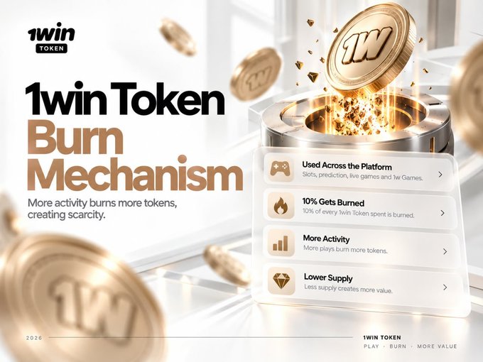 Promotional graphic for "1win Token Burn Mechanism" showing gold tokens, with text explaining: Used Across the Platform, 10% Gets Burned, More Activity, and Lower Supply.