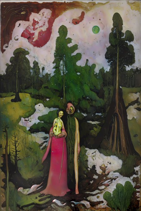 A surrealist painting depicts ethereal figures, including a yellow woman in a pink dress, standing among dark trees under a pale sky with a green moon.