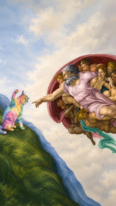 A surreal parody of Michelangelo's "The Creation of Adam" shows a bearded figure in flowing pink robes extending his hand toward a vibrantly rainbow-colored cat sitting on a mossy cliff edge, with angels gathered behind him in the clouds.

The image creatively reimagines the famous Renaissance masterpiece, replacing Adam with an iridescent, tie-dye cat — fitting for the "Colors family" greeting.