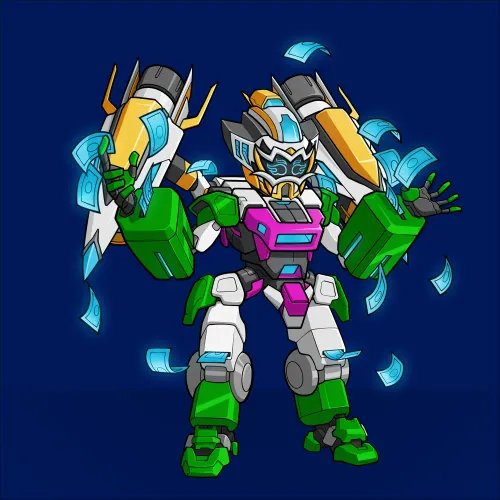 A colorful 3D-rendered robotic character with green, white, pink, and yellow armor stands surrounded by floating blue dollar bills against a dark blue background.