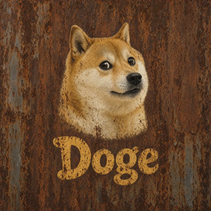 A Shiba Inu dog appears on a rusted metal background above the word "Doge" in bold yellow text, visually representing the $DOGE cryptocurrency referenced in the morning greeting.