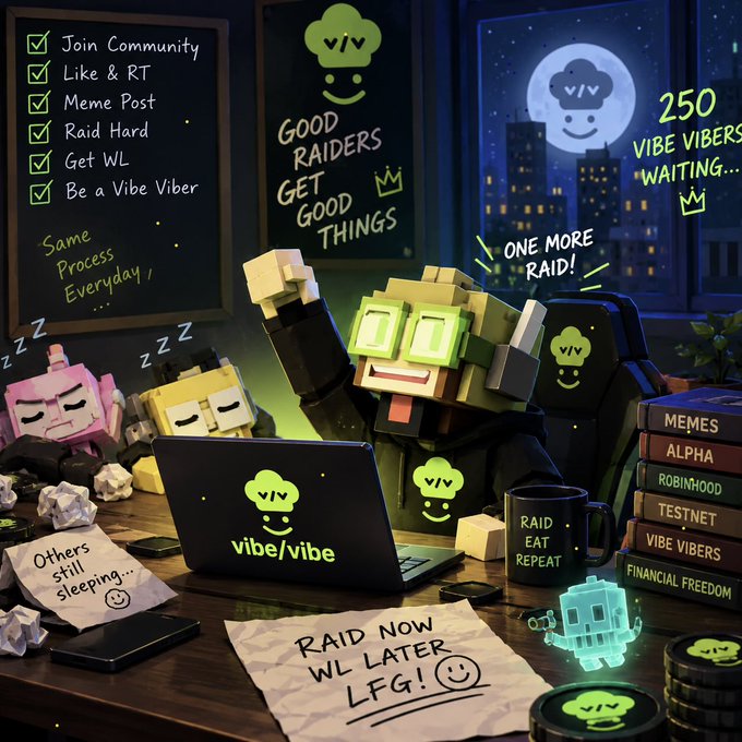 A vibrant digital illustration depicting a blocky character working at a laptop branded 'vibe/vibe', surrounded by checklists reading 'Join Community, Like & RT, Meme Post, Raid Hard, Get WL, Be a Vibe Viber' and books titled 'MEMES, ALPHA, ROBINHOOD, TESTNET, VIBE VIBERS, FINANCIAL FREEDOM'.