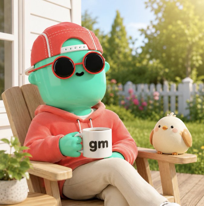 A 3D-rendered cartoon character with mint-green skin, red sunglasses, and a red cap sits in a wooden chair on a sunny porch, holding a white mug labeled 'gm' next to a small yellow chick.