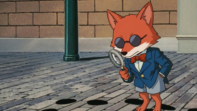 An animated fox character wearing a blue suit, red bow tie, and sunglasses, holding a magnifying glass on a cobblestone street.